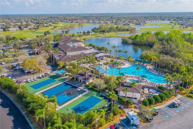 bird's eye view with a water view