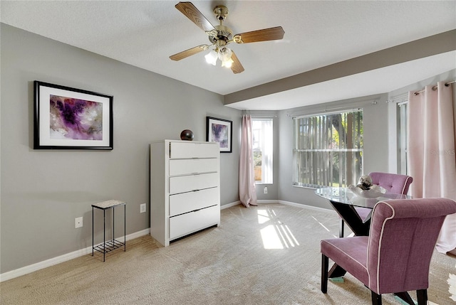 interior space featuring light carpet, a textured ceiling, and ceiling fan