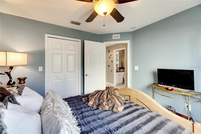 bedroom featuring ceiling fan and a closet