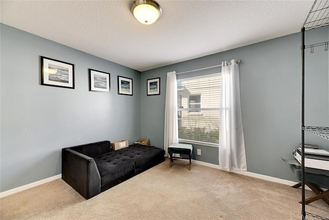 living area with a textured ceiling and carpet floors