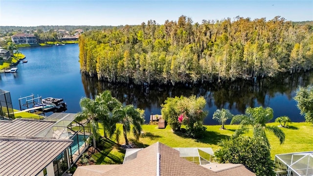 birds eye view of property featuring a water view