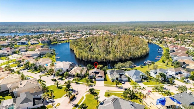 drone / aerial view with a water view