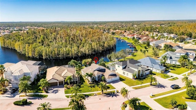 drone / aerial view with a water view