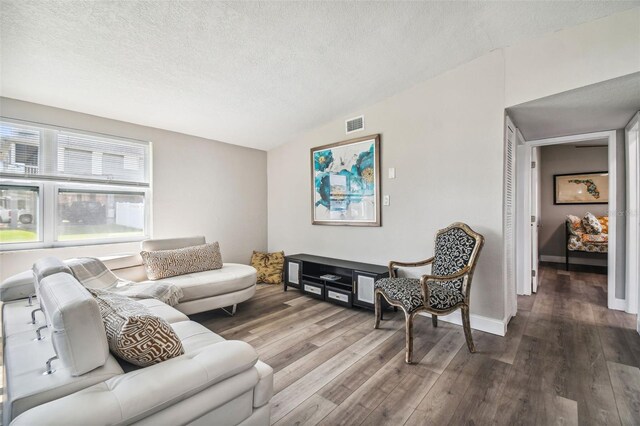 living room with wood-type flooring, a textured ceiling, and vaulted ceiling