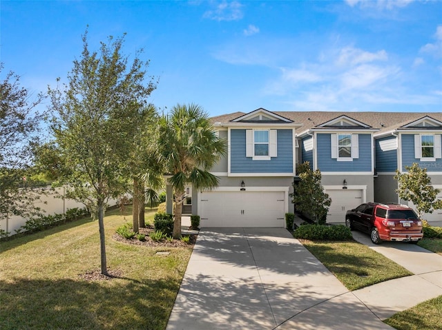 view of front of home with a front lawn and a garage