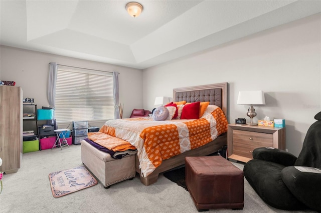 carpeted bedroom featuring a raised ceiling