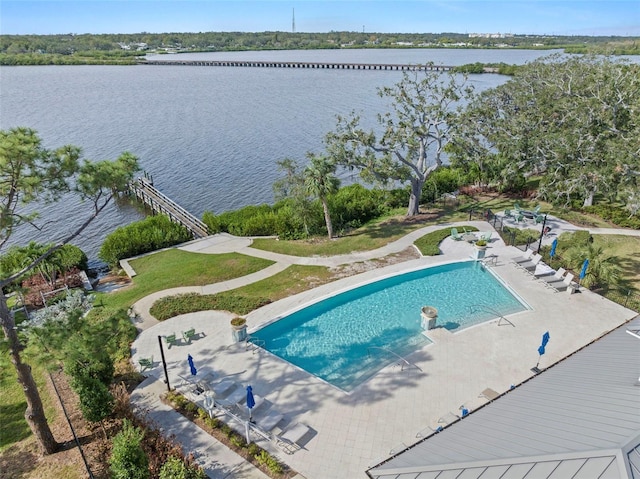 exterior space with a water view