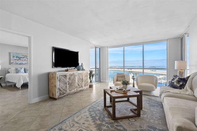 tiled living room with expansive windows