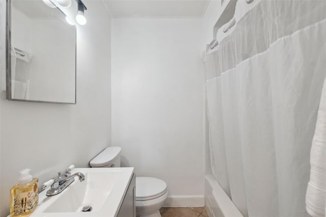 bathroom with vanity, toilet, tile patterned flooring, and shower / bathtub combination with curtain