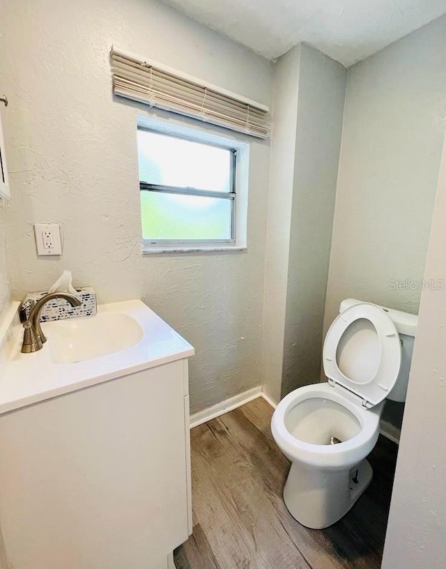 bathroom featuring hardwood / wood-style floors, vanity, and toilet