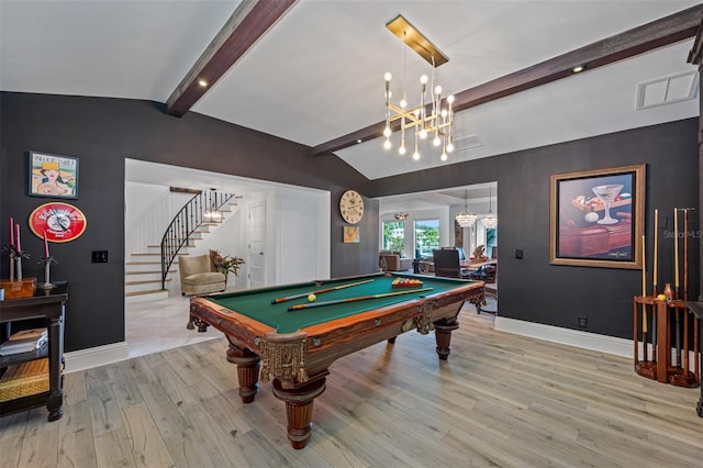 recreation room with light wood-type flooring, lofted ceiling with beams, a notable chandelier, and billiards