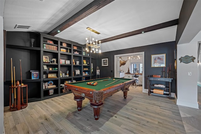 rec room with hardwood / wood-style floors, beam ceiling, and billiards