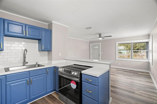 kitchen featuring kitchen peninsula, dark hardwood / wood-style flooring, and stainless steel range with electric cooktop