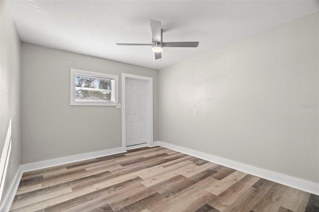 unfurnished room with ceiling fan and light hardwood / wood-style floors