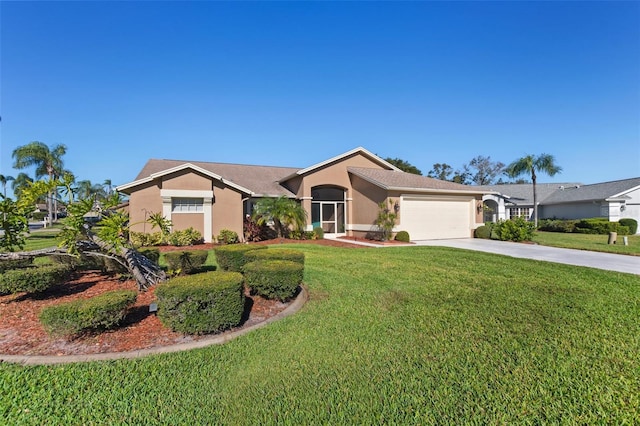 ranch-style house with a front lawn and a garage