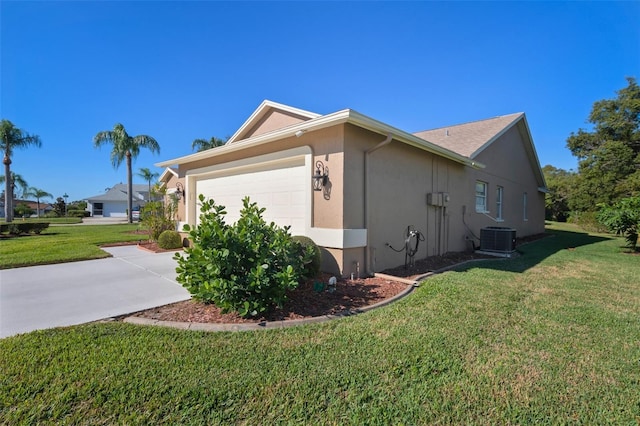 view of home's exterior with a garage, central AC unit, and a lawn