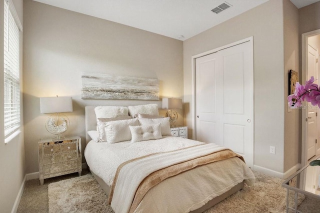 bedroom with carpet flooring and a closet