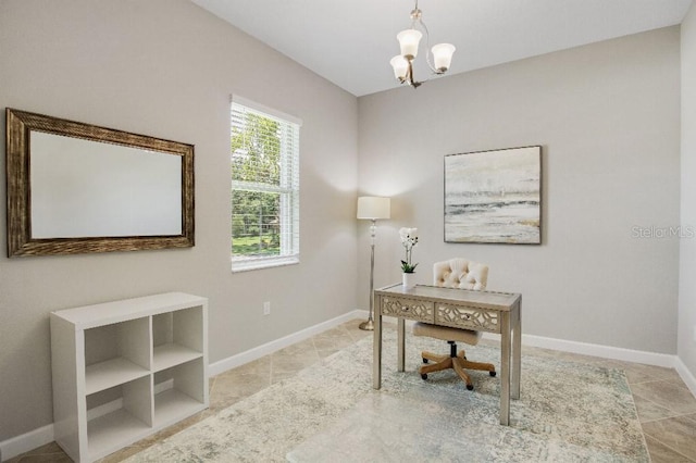 office area featuring an inviting chandelier