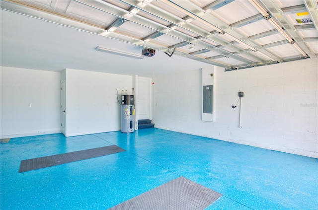 garage with electric panel, a garage door opener, and heat pump water heater