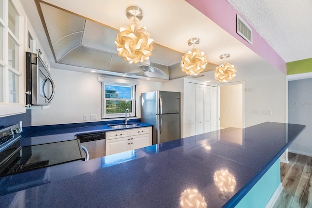 kitchen featuring white cabinetry, sink, hardwood / wood-style floors, decorative light fixtures, and appliances with stainless steel finishes