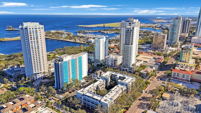 drone / aerial view with a water view