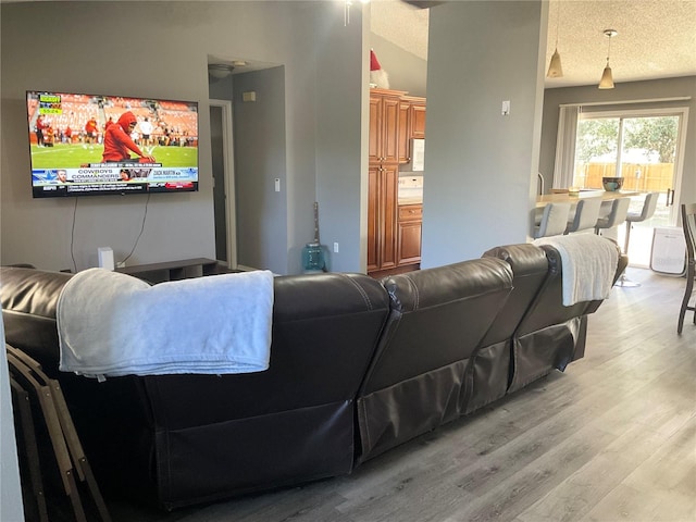 living room featuring wood-type flooring, a textured ceiling, and vaulted ceiling