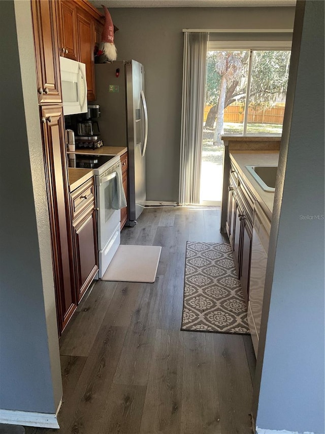 kitchen with dark hardwood / wood-style flooring, white appliances, and sink