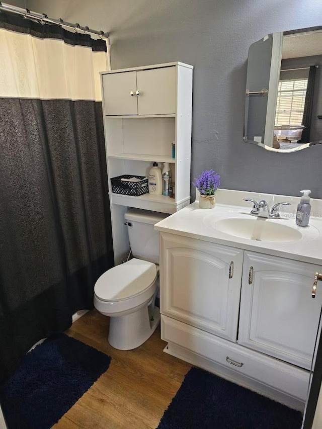 bathroom featuring toilet, vanity, a shower with shower curtain, and wood finished floors