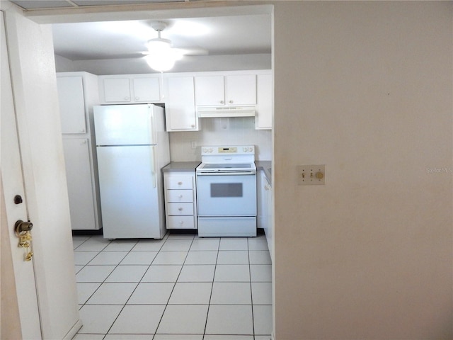 kitchen featuring white cabinets, light tile patterned floors, white appliances, and ceiling fan