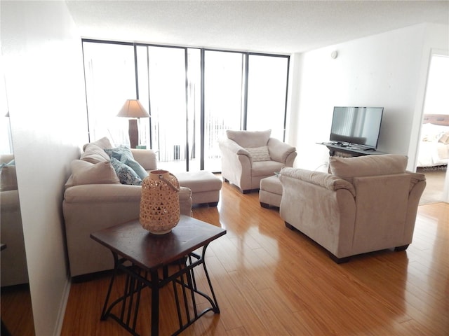 living room with light hardwood / wood-style flooring and floor to ceiling windows