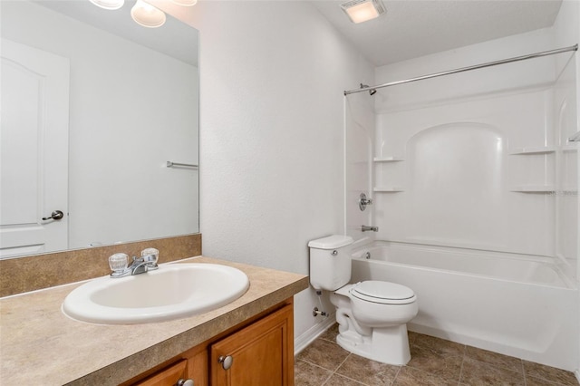 full bathroom with shower / bathing tub combination, vanity, toilet, and tile patterned floors