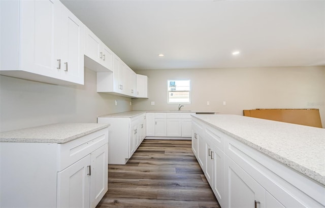 kitchen featuring white cabinetry, dark wood-type flooring, a sink, and recessed lighting