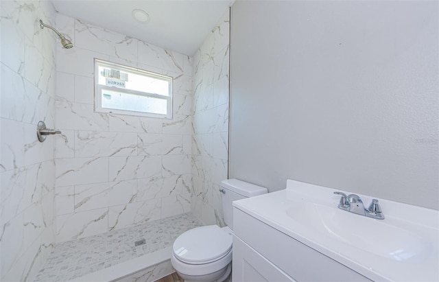 full bathroom featuring a stall shower, vanity, and toilet