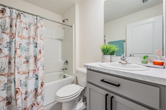 full bathroom featuring vanity, shower / bath combo, and toilet