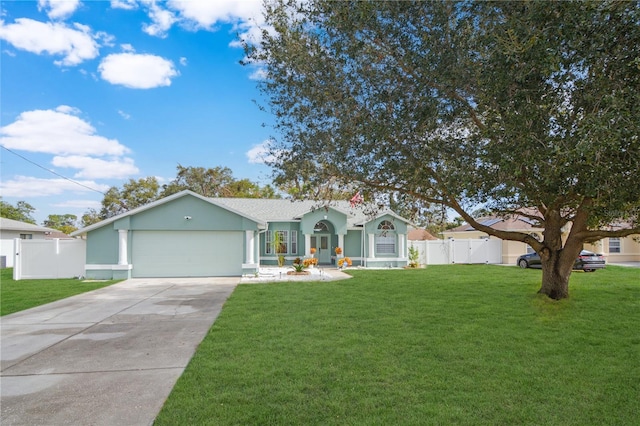 ranch-style home featuring a front yard and a garage