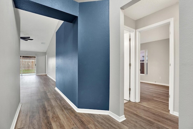 12612 Midpointe Dr, Riverview, FL 33579 - hall with wood finished floors, baseboards, a textured wall, and lofted ceiling