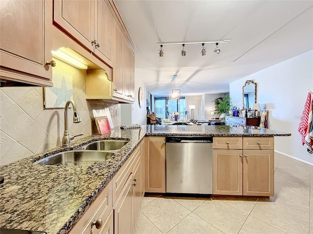 kitchen featuring rail lighting, dishwasher, sink, and light brown cabinetry