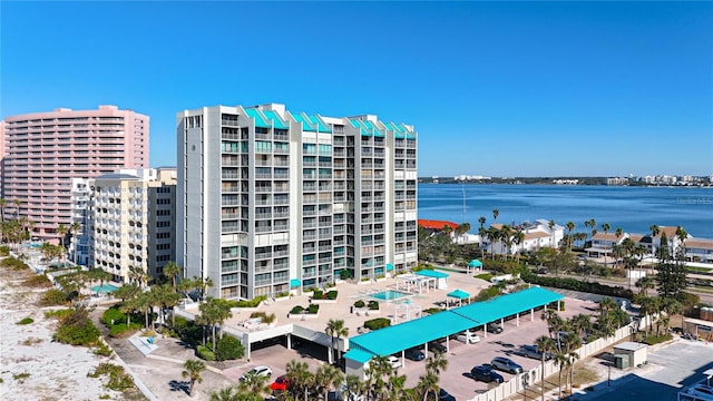 view of building exterior featuring a water view