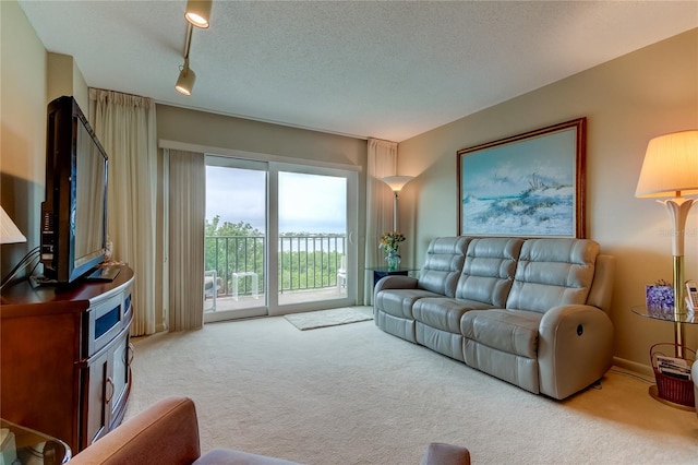 carpeted living room with a textured ceiling and rail lighting