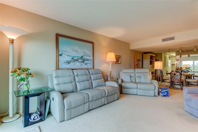 carpeted living room with rail lighting