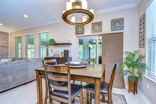 tiled dining area with crown molding