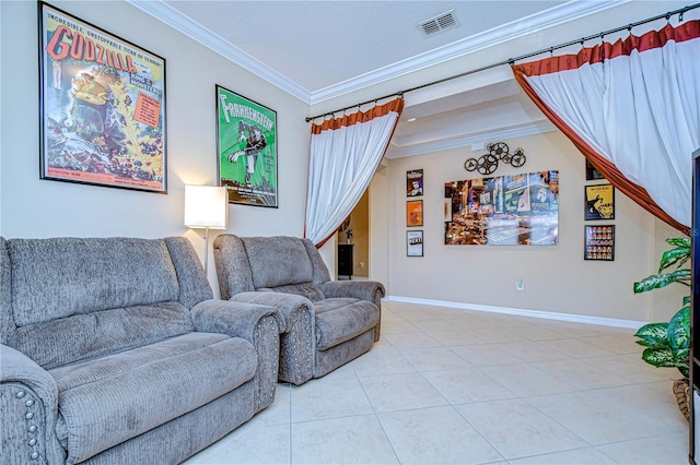 living room with tile patterned floors and ornamental molding