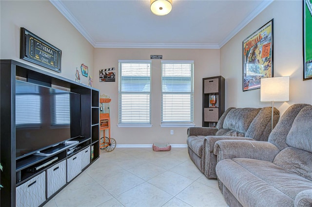 tiled living room featuring ornamental molding