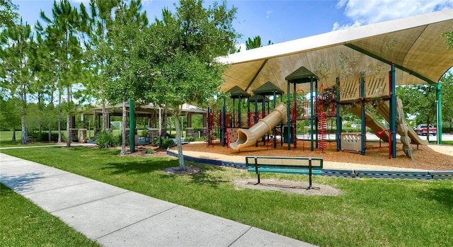 view of jungle gym featuring a yard