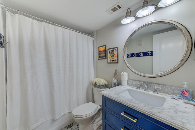 full bath with shower / bathtub combination with curtain, visible vents, vanity, and toilet