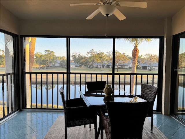 sunroom / solarium with a water view