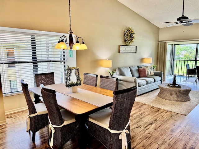 4452 Weybridge St Unit 74, Sarasota, FL 34235 - dining room with a chandelier, hardwood / wood-style floors, ceiling fan, high vaulted ceiling, and a textured ceiling