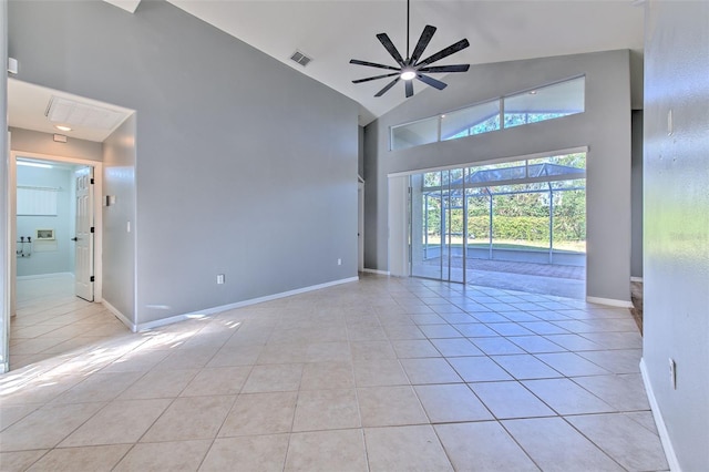 unfurnished living room featuring ceiling fan, light tile patterned flooring, and high vaulted ceiling