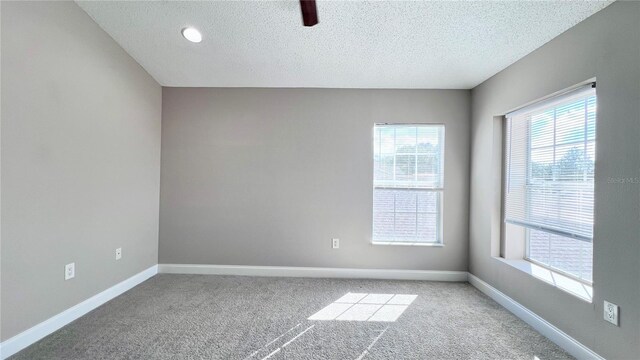 2012 Fern Ridge Ct, Holiday, FL 34691 - carpeted empty room featuring a textured ceiling, plenty of natural light, baseboards, and a ceiling fan