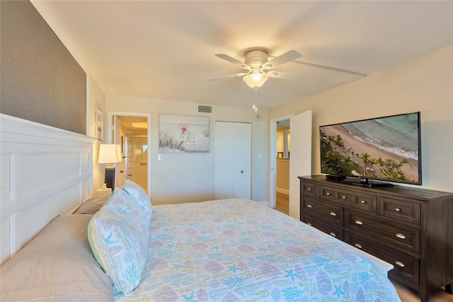 bedroom with ceiling fan and light wood-type flooring